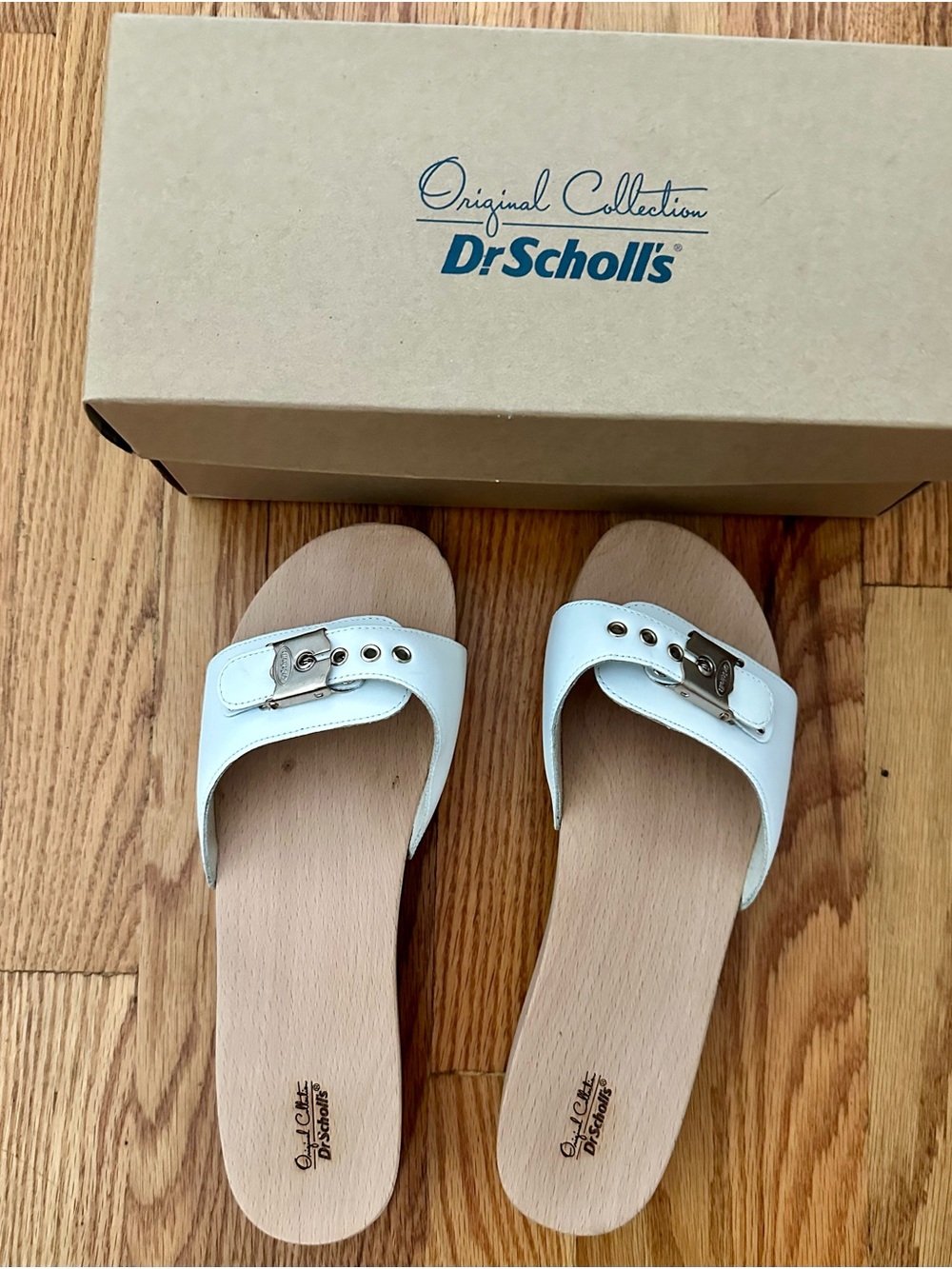 NIB CLASSIC DR. SCHOLL’S SZ 9 White Leather Slide Sandals with Adjustible Buckle - Picture 3 of 7